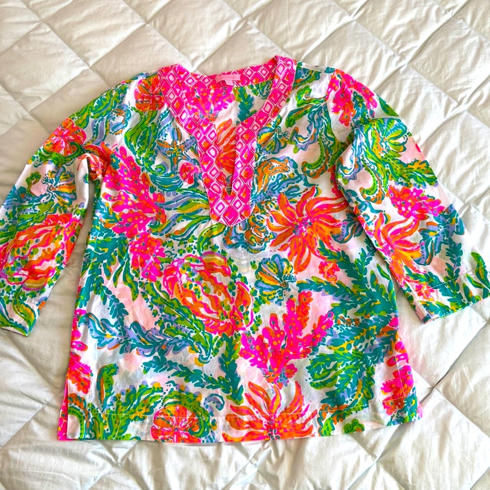 ❤️ EUC Lilly Pulitzer cotton voile tunic sz L. Sea algae & flowers.